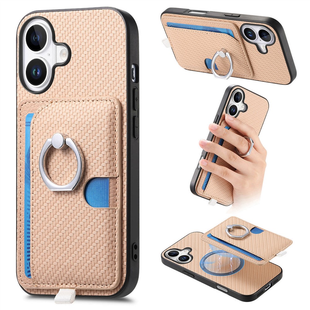 For iPhone 16e Case Ring Kickstand Leather Back Cover with Magnetic Detachable Card Holder - Apricot