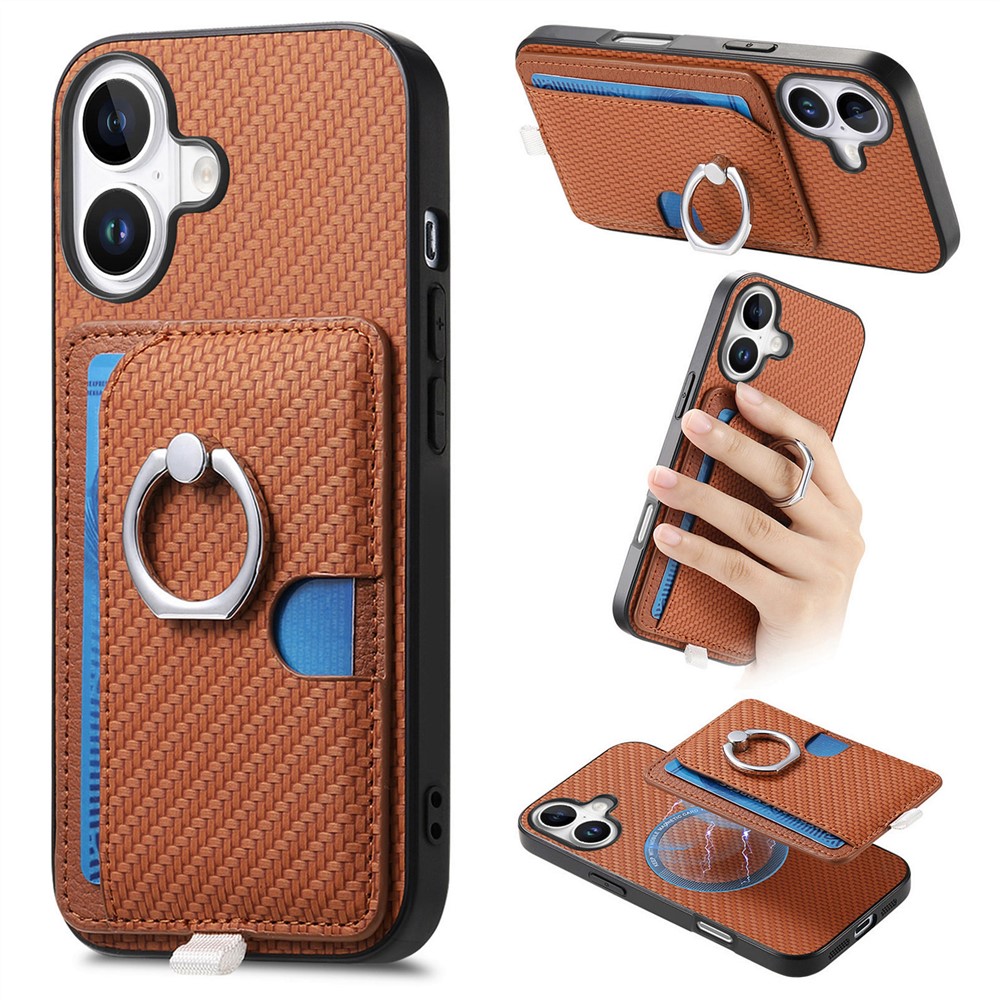 For iPhone 16e Case Ring Kickstand Leather Back Cover with Magnetic Detachable Card Holder - Brown
