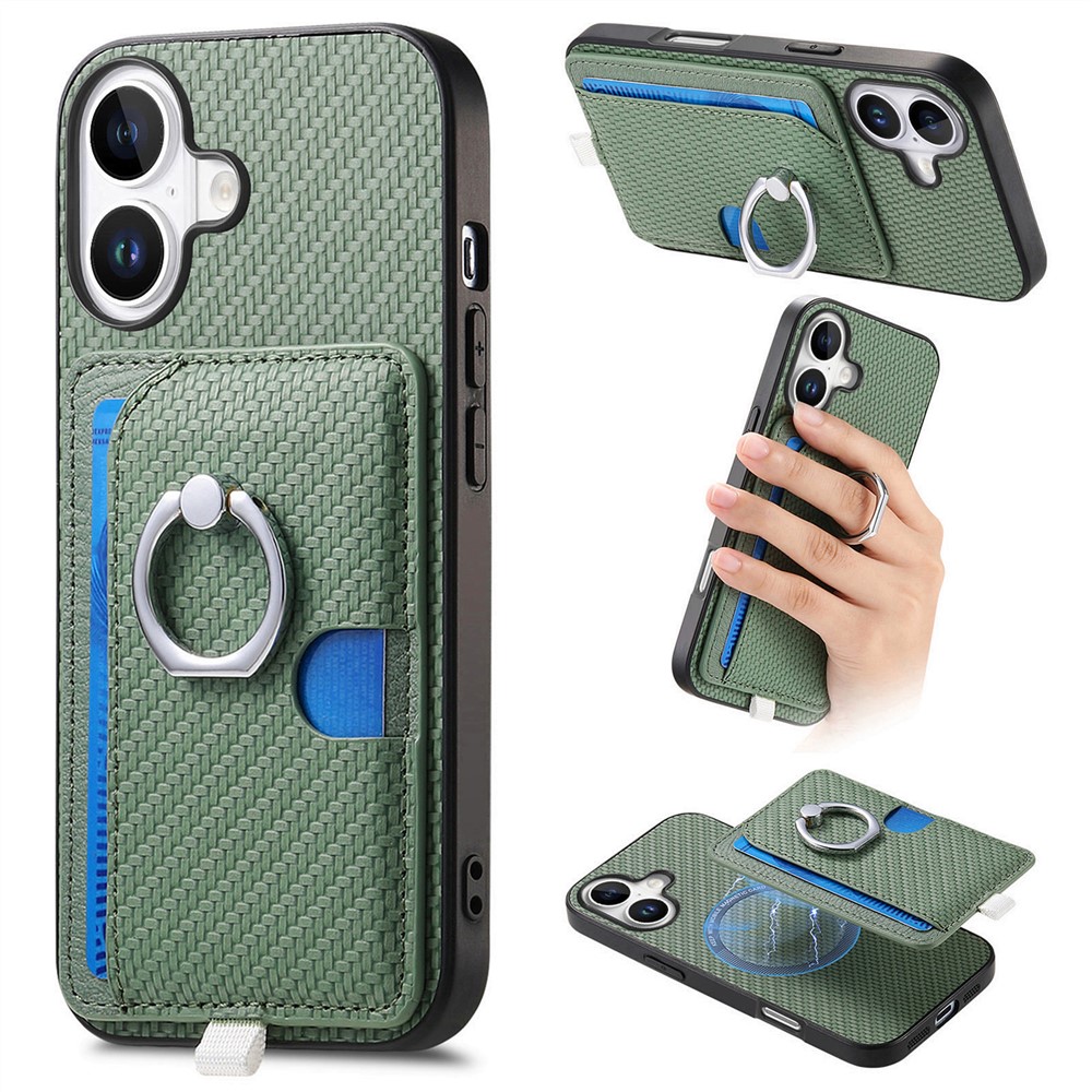 For iPhone 16e Case Ring Kickstand Leather Back Cover with Magnetic Detachable Card Holder - Green
