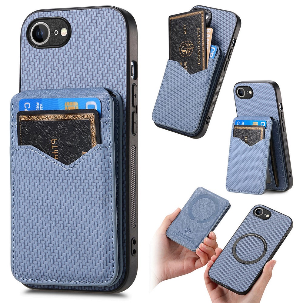 For iPhone 16e Magnetic Case Carbon Fiber Texture Back Cover with Detachable Card Holder - Blue