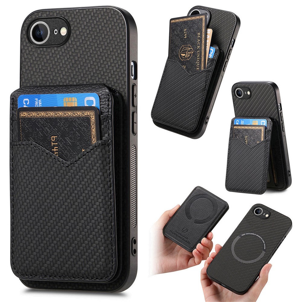 For iPhone 16e Magnetic Case Carbon Fiber Texture Back Cover with Detachable Card Holder - Black