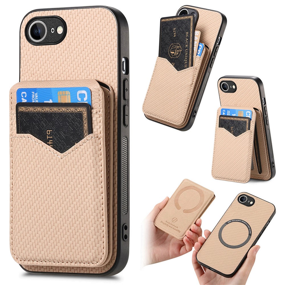 For iPhone 16e Magnetic Case Carbon Fiber Texture Back Cover with Detachable Card Holder - Khaki