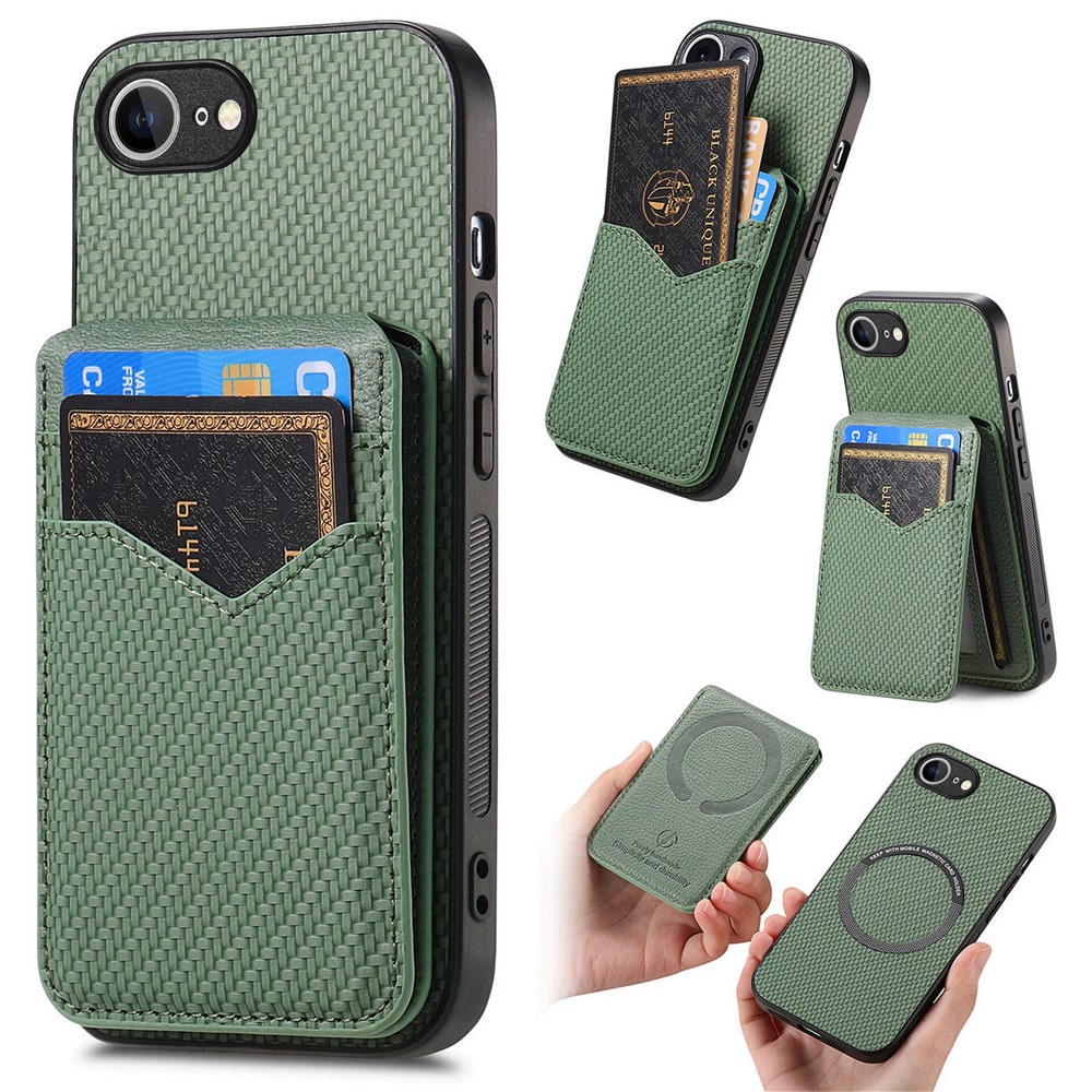 For iPhone 16e Magnetic Case Carbon Fiber Texture Back Cover with Detachable Card Holder - Green