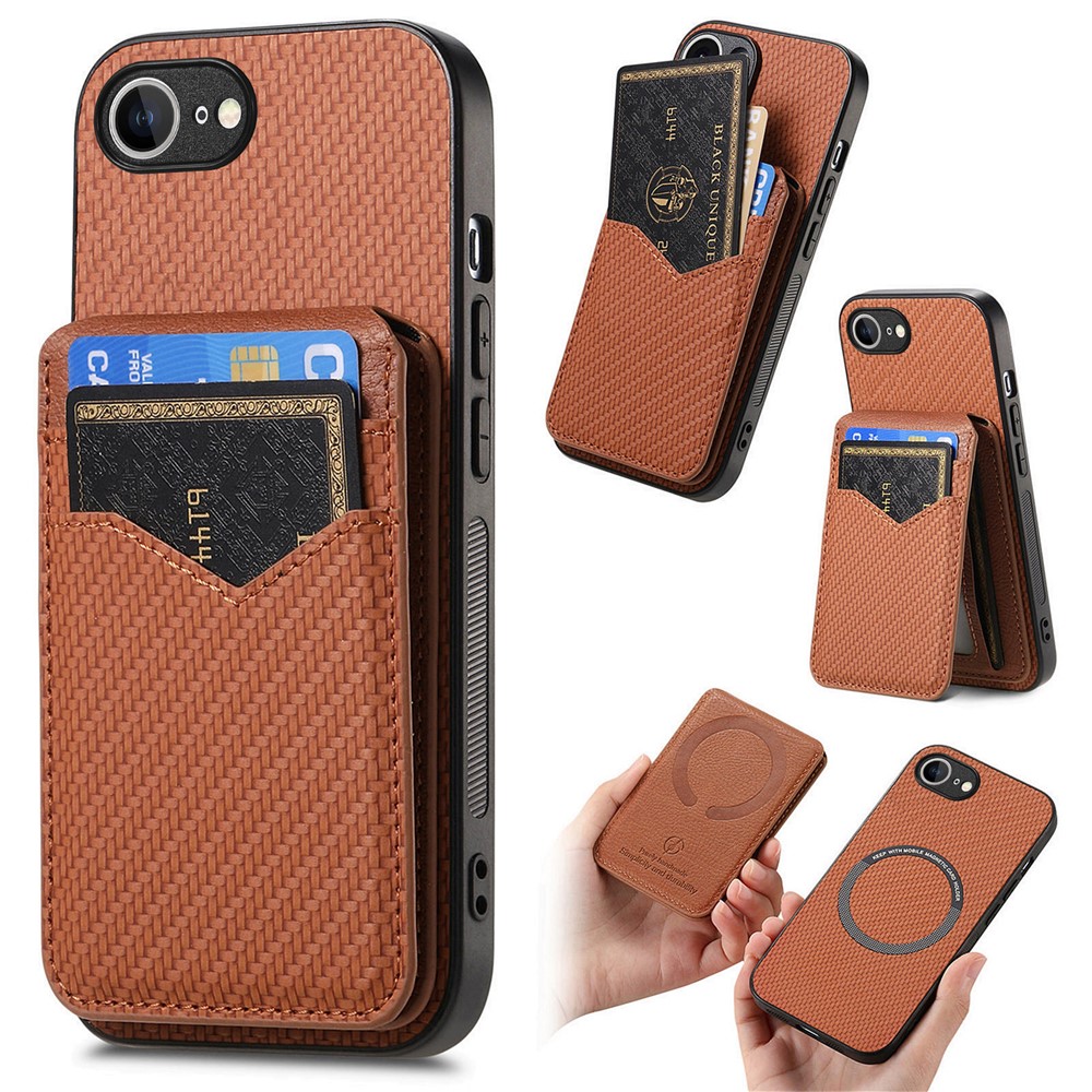 For iPhone 16e Magnetic Case Carbon Fiber Texture Back Cover with Detachable Card Holder - Brown