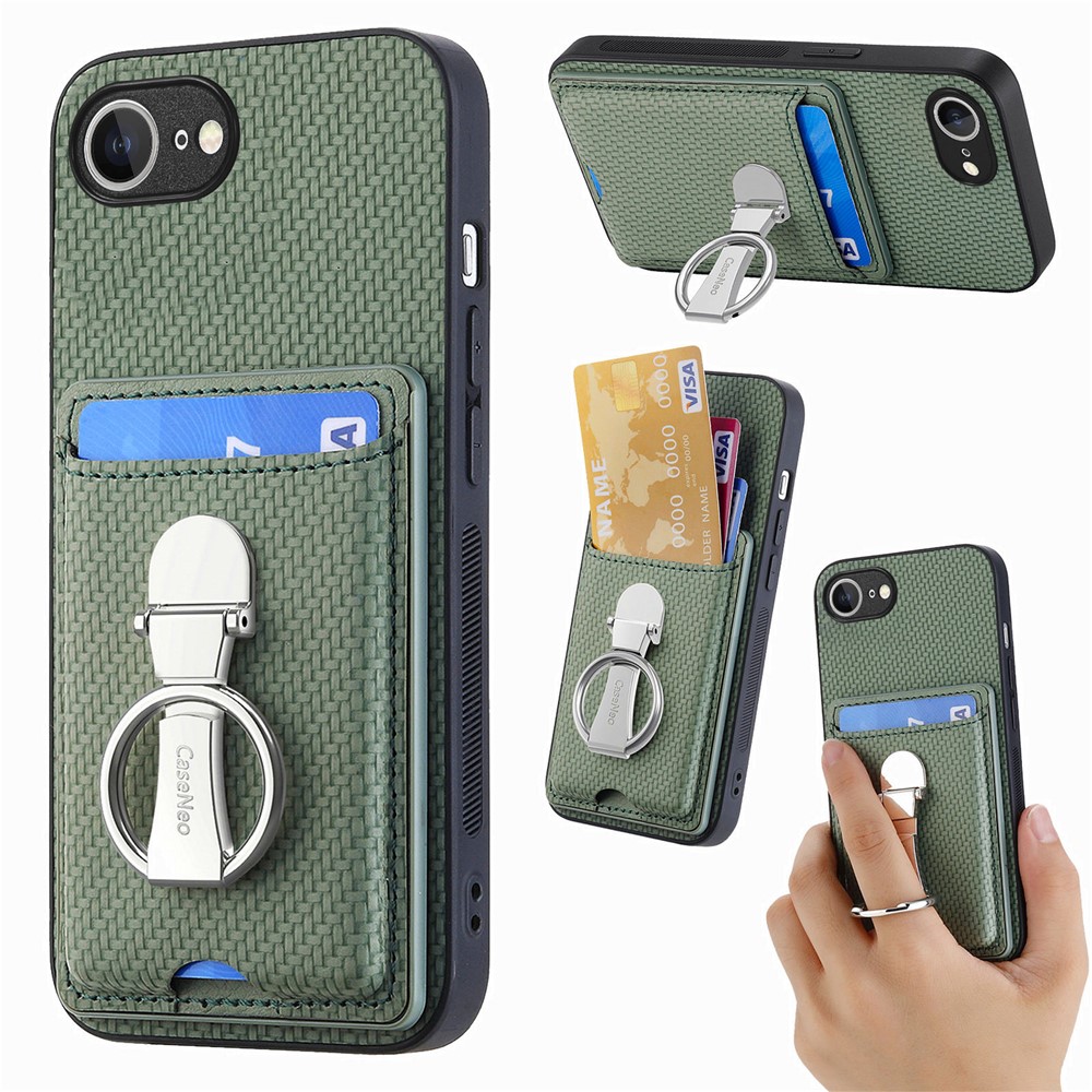 For iPhone 16e Leather Phone Back Cover with Kickstand and Card Slots Carbon Fiber Texture - Green
