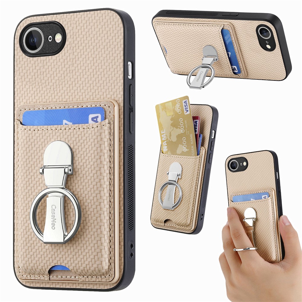 For iPhone 16e Leather Phone Back Cover with Kickstand and Card Slots Carbon Fiber Texture - Beige