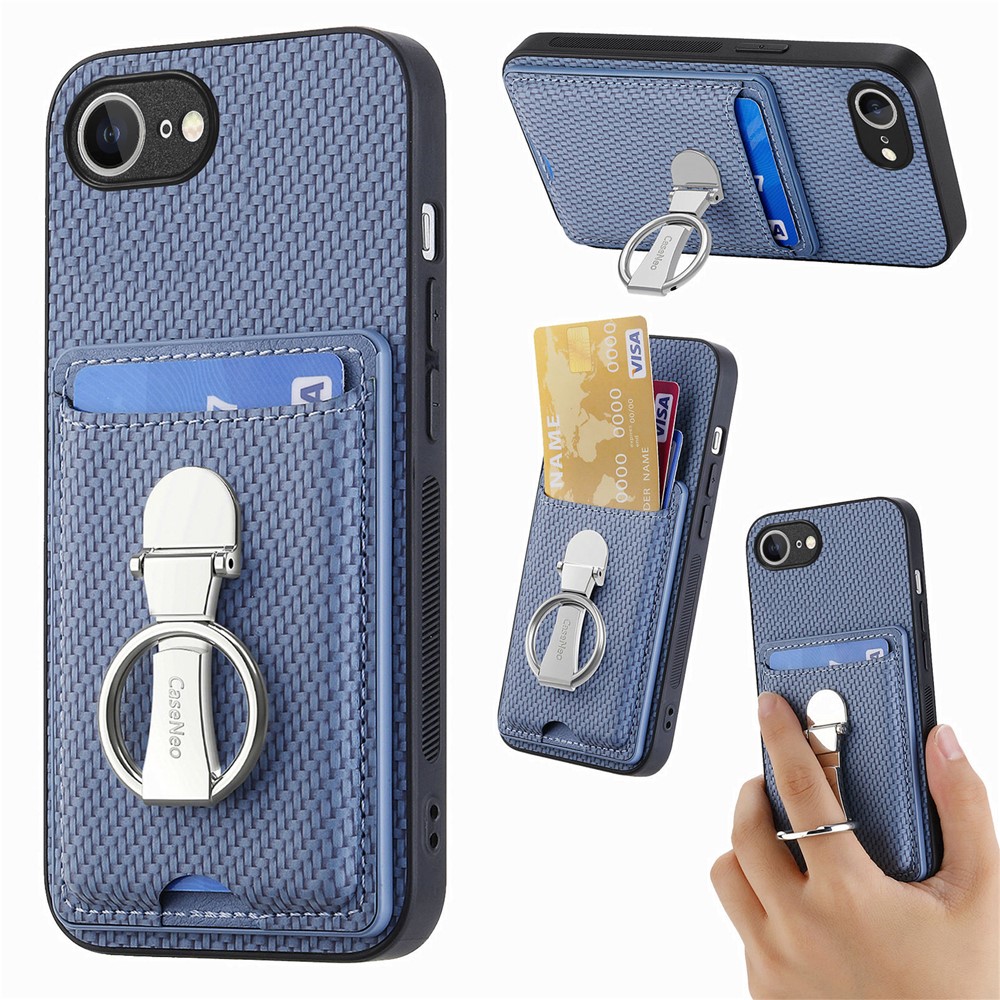 For iPhone 16e Leather Phone Back Cover with Kickstand and Card Slots Carbon Fiber Texture - Blue