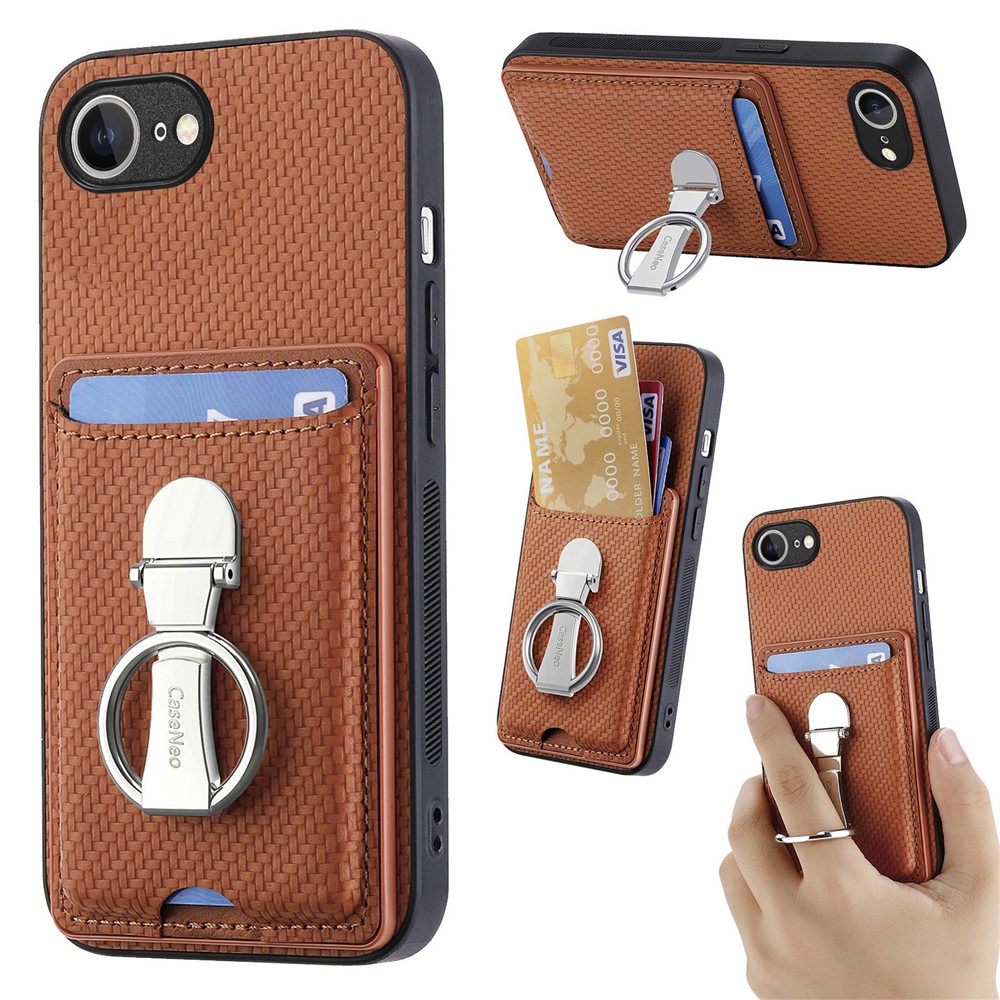 For iPhone 16e Leather Phone Back Cover with Kickstand and Card Slots Carbon Fiber Texture - Brown