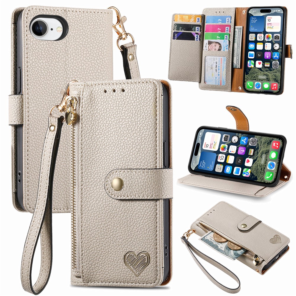 For iPhone 16e Case RFID Blocking Zipper Pocket Leather Wallet Phone Cover with Strap - Grey