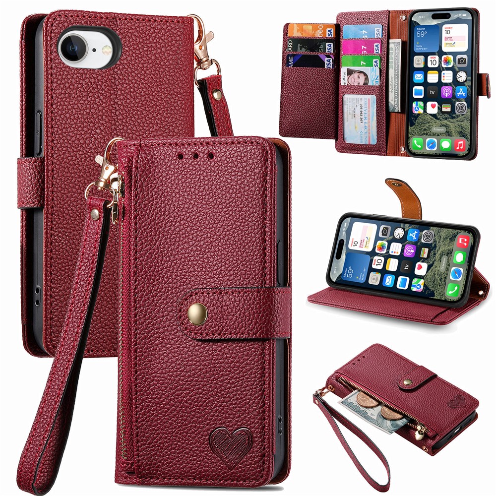 For iPhone 16e Case RFID Blocking Zipper Pocket Leather Wallet Phone Cover with Strap - Red
