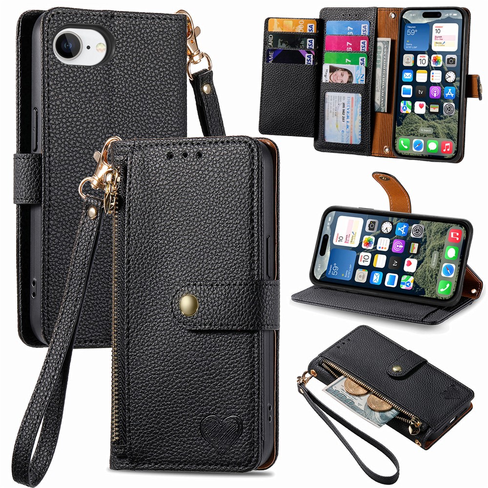 For iPhone 16e Case RFID Blocking Zipper Pocket Leather Wallet Phone Cover with Strap - Black