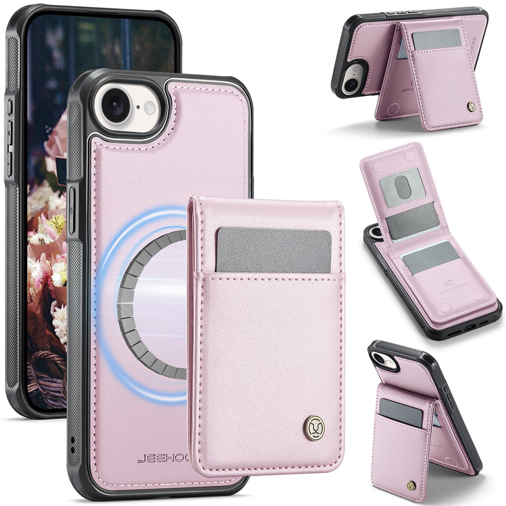 For iPhone 16e Leather Back Cover Compatible with MagSafe JEEHOOD J06 Phone Case with Card Bag RFID Blocking - Pink