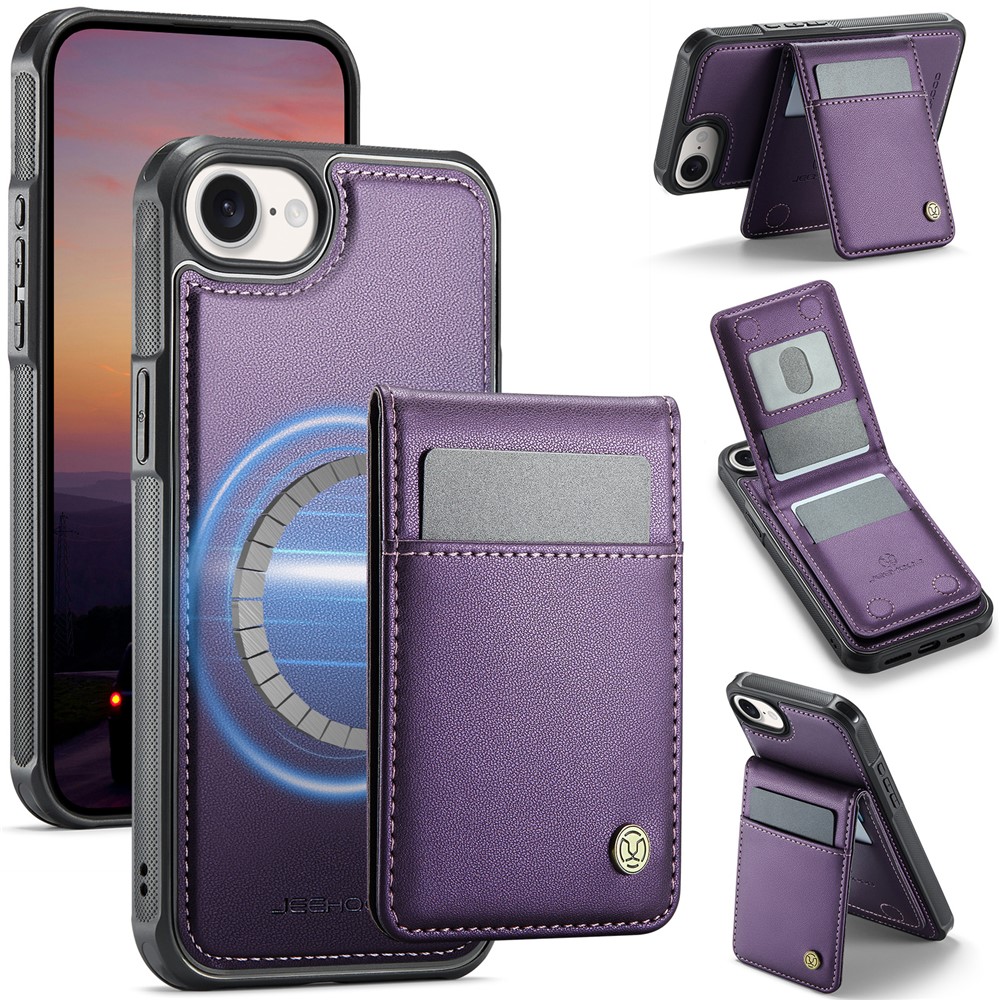For iPhone 16e Leather Back Cover Compatible with MagSafe JEEHOOD J06 Phone Case with Card Bag RFID Blocking - Purple
