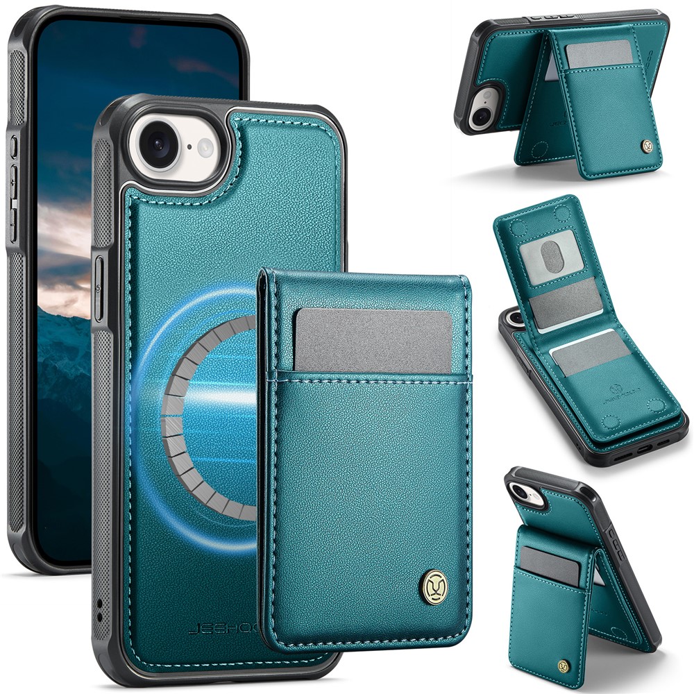 For iPhone 16e Leather Back Cover Compatible with MagSafe JEEHOOD J06 Phone Case with Card Bag RFID Blocking - Blue