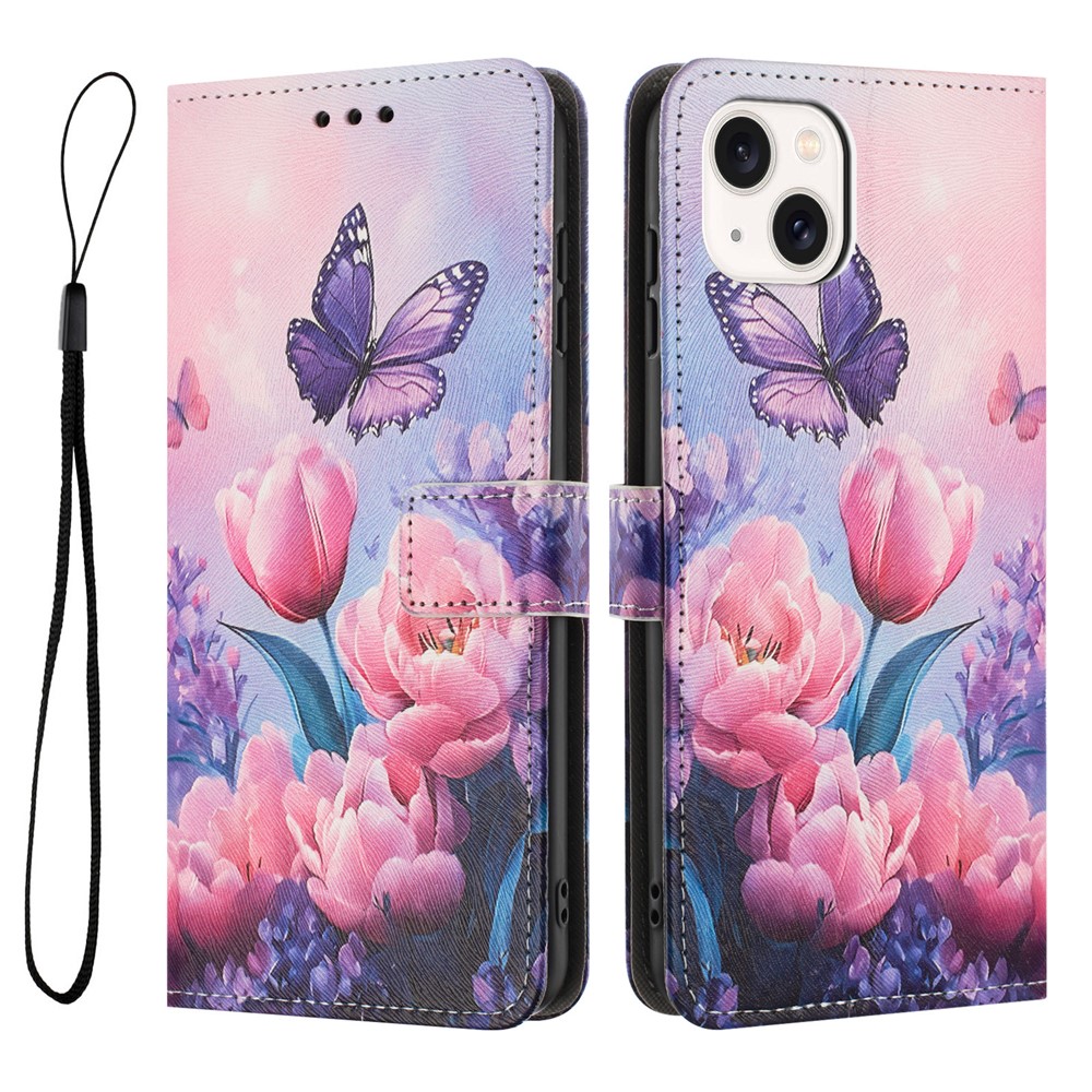 YX-2501 For iPhone 15 Stand Case Pattern Printing PU Leather Wallet Phone Cover with Lanyard - Pink Flower Butterfly
