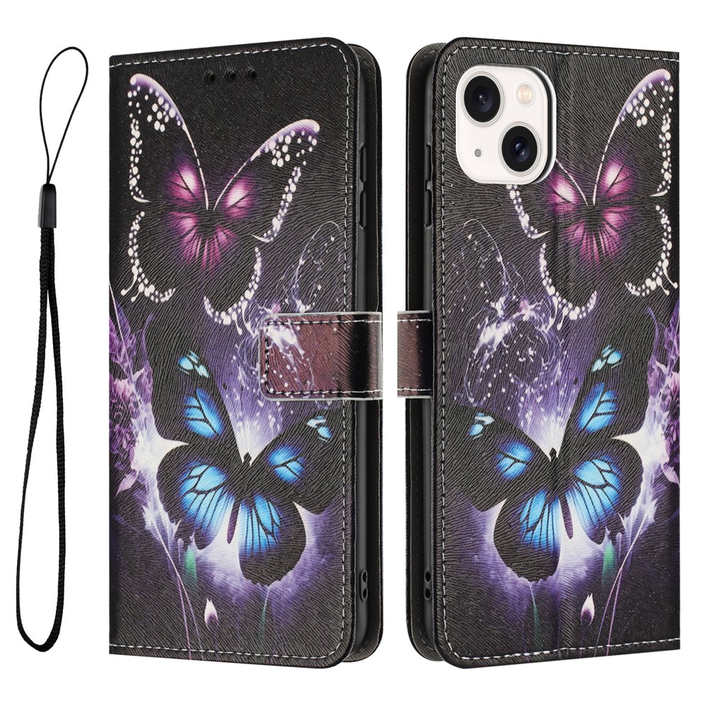 YX-2501 For iPhone 15 Stand Case Pattern Printing PU Leather Wallet Phone Cover with Lanyard - Two Butterflies