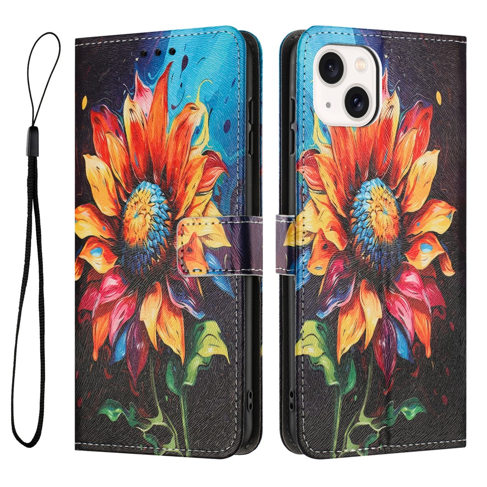 YX-2501 For iPhone 15 Stand Case Pattern Printing PU Leather Wallet Phone Cover with Lanyard - Sunflower