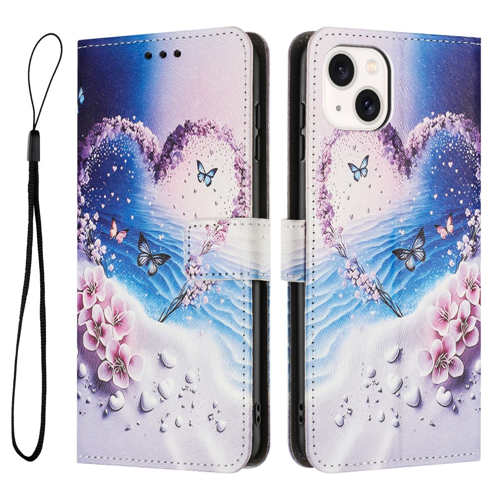 YX-2501 For iPhone 15 Stand Case Pattern Printing PU Leather Wallet Phone Cover with Lanyard - Heart Butterfly