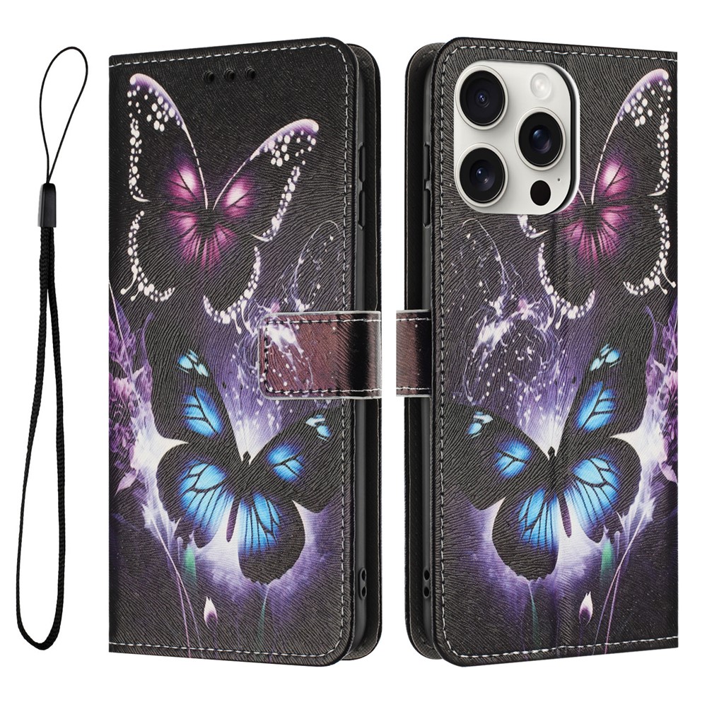 YX-2501 For iPhone 15 Pro Stand Case Pattern Printing PU Leather Wallet Phone Cover with Lanyard - Two Butterflies
