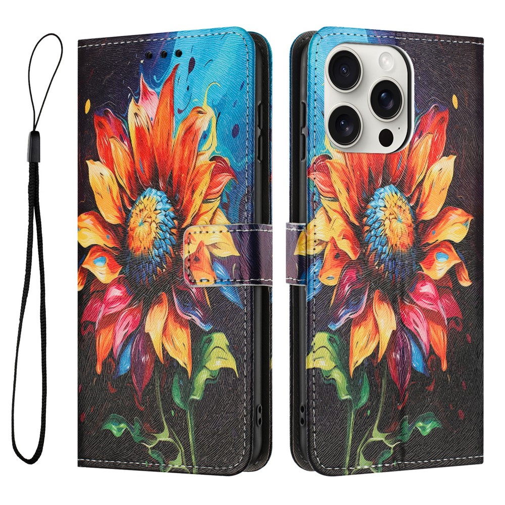 YX-2501 For iPhone 15 Pro Max Stand Case Pattern Printing PU Leather Wallet Phone Cover with Lanyard - Sunflower