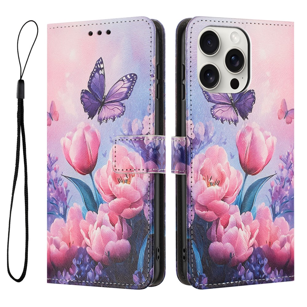 YX-2501 For iPhone 15 Pro Max Stand Case Pattern Printing PU Leather Wallet Phone Cover with Lanyard - Pink Flower Butterfly