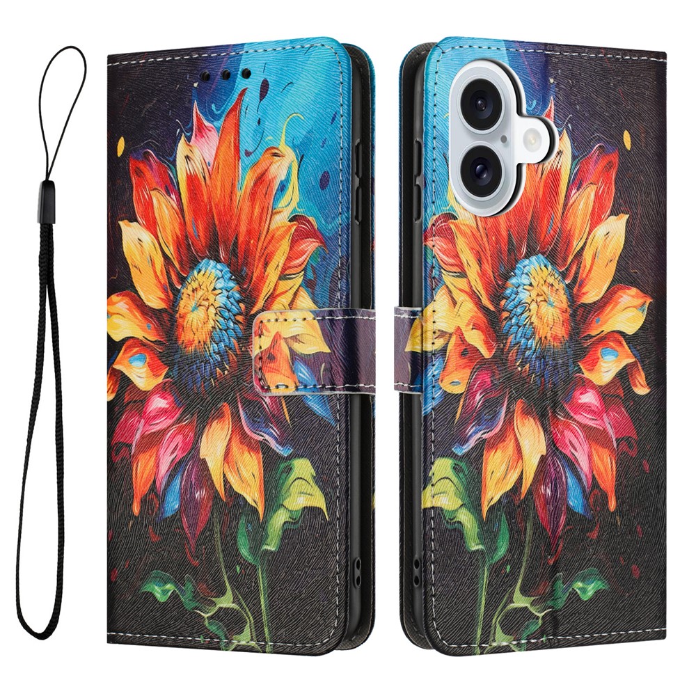 YX-2501 For iPhone 16 Plus Stand Case Pattern Printing PU Leather Wallet Phone Cover with Lanyard - Sunflower