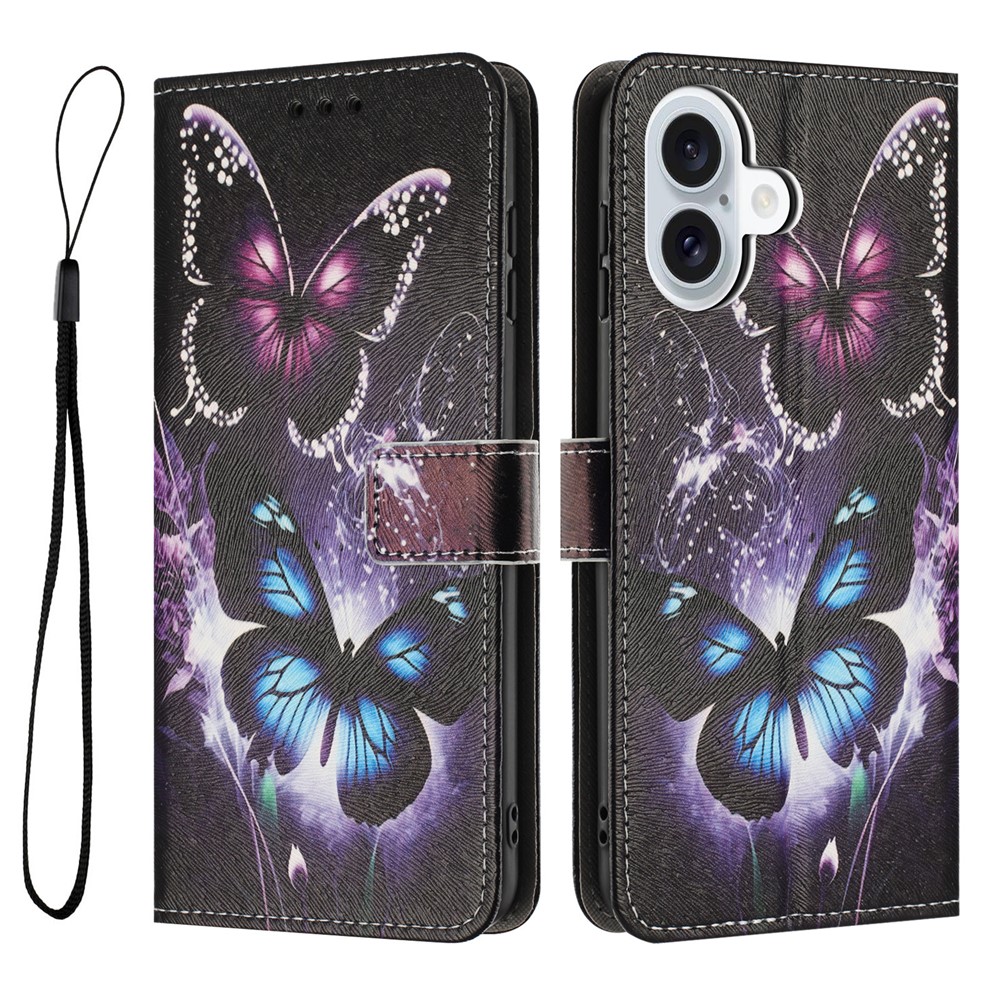 YX-2501 For iPhone 16 Plus Stand Case Pattern Printing PU Leather Wallet Phone Cover with Lanyard - Two Butterflies