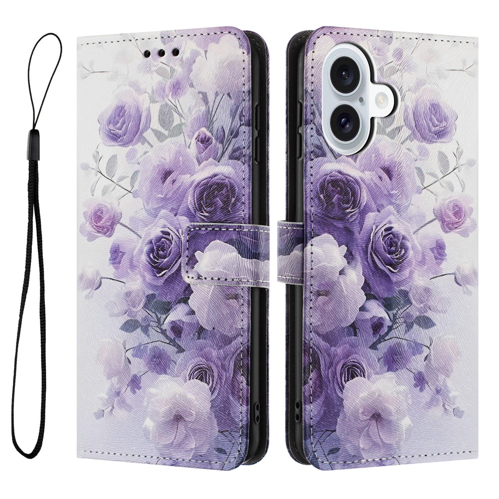 YX-2501 For iPhone 16 Plus Stand Case Pattern Printing PU Leather Wallet Phone Cover with Lanyard - Purple Rose