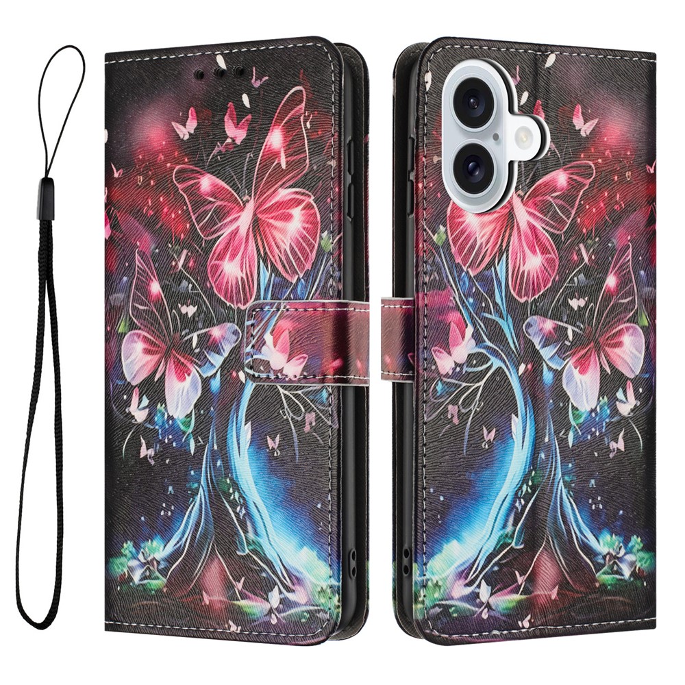 YX-2501 For iPhone 16 Plus Stand Case Pattern Printing PU Leather Wallet Phone Cover with Lanyard - Butterfly Tree