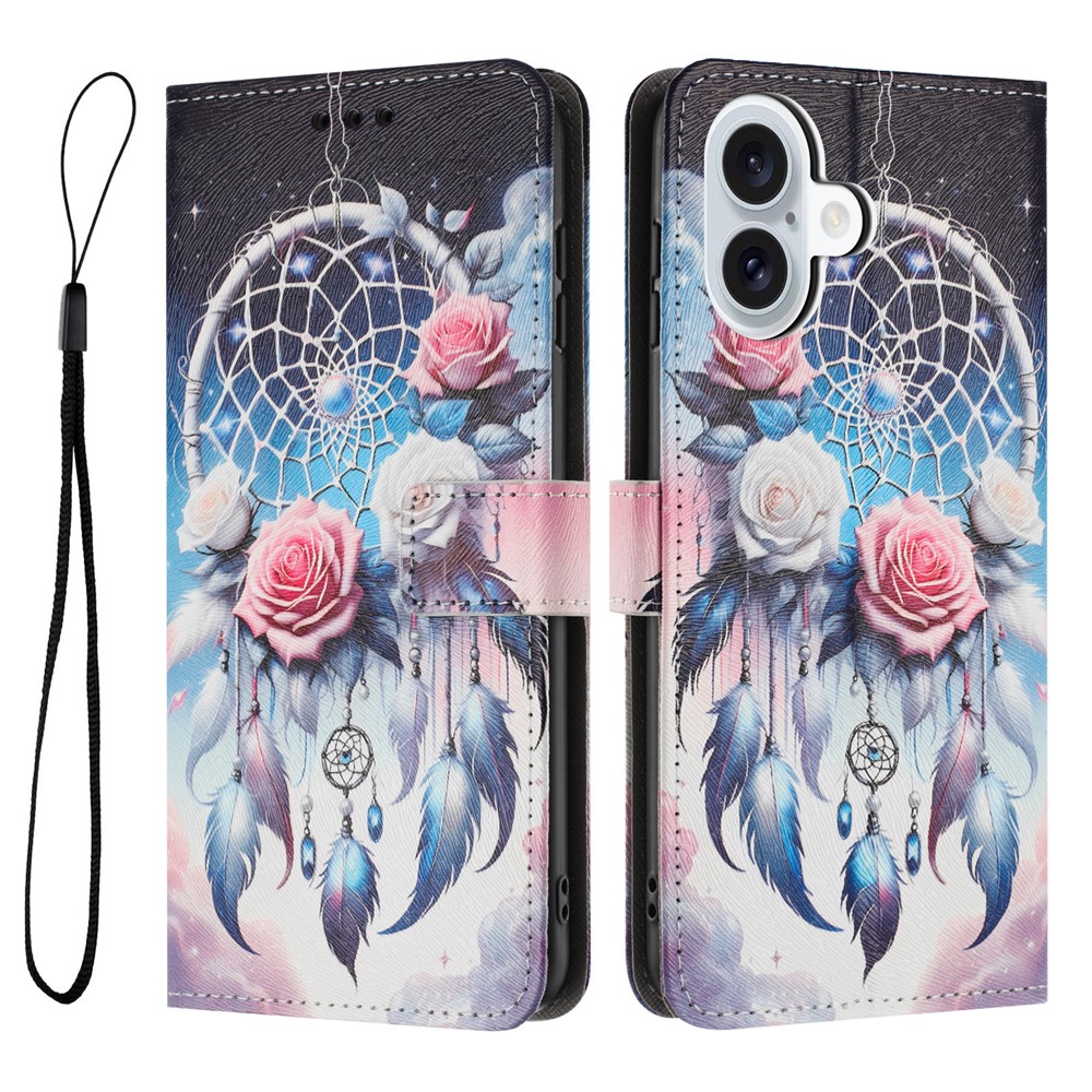 YX-2501 For iPhone 16 Plus Stand Case Pattern Printing PU Leather Wallet Phone Cover with Lanyard - Flower Wind Chime