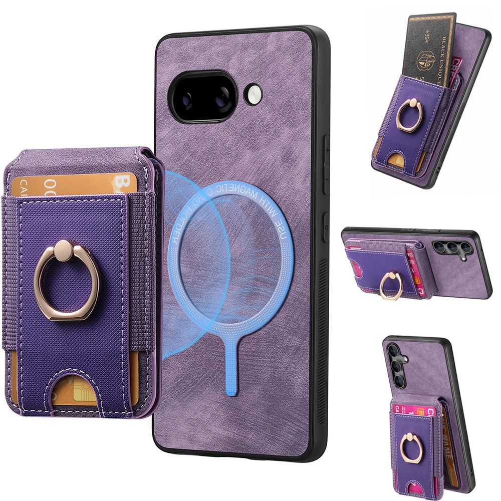For Google Pixel 9a Case Compatible with MagSafe Leather Back Cover with Detachable Card Holder Kickstand - Purple