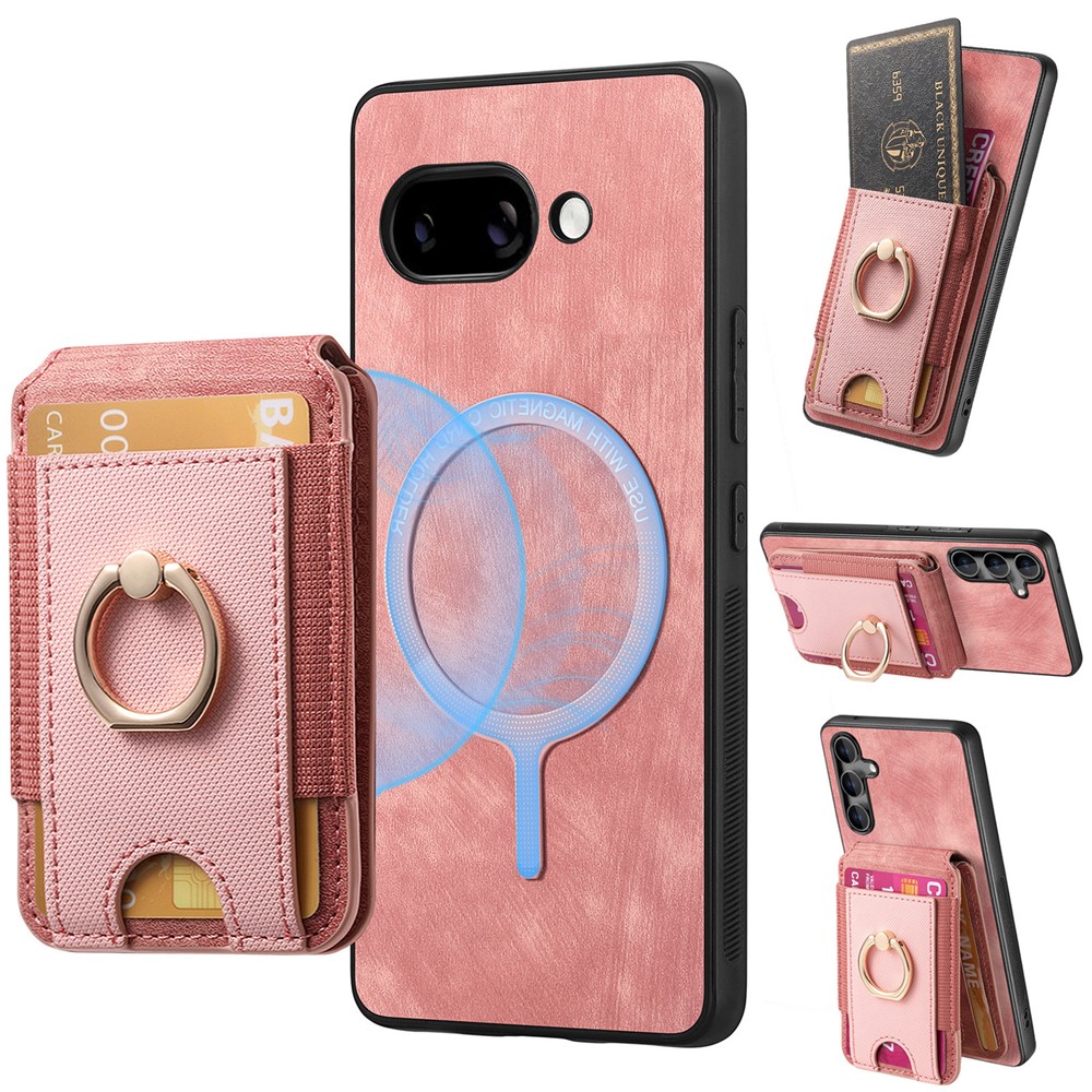 For Google Pixel 9a Case Compatible with MagSafe Leather Back Cover with Detachable Card Holder Kickstand - Pink