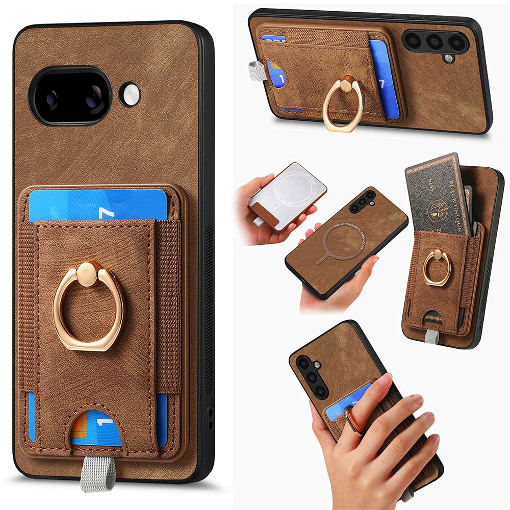 For Google Pixel 9a Magnetic Case PU Leather Back Cover with Detachable Card Holder - Brown