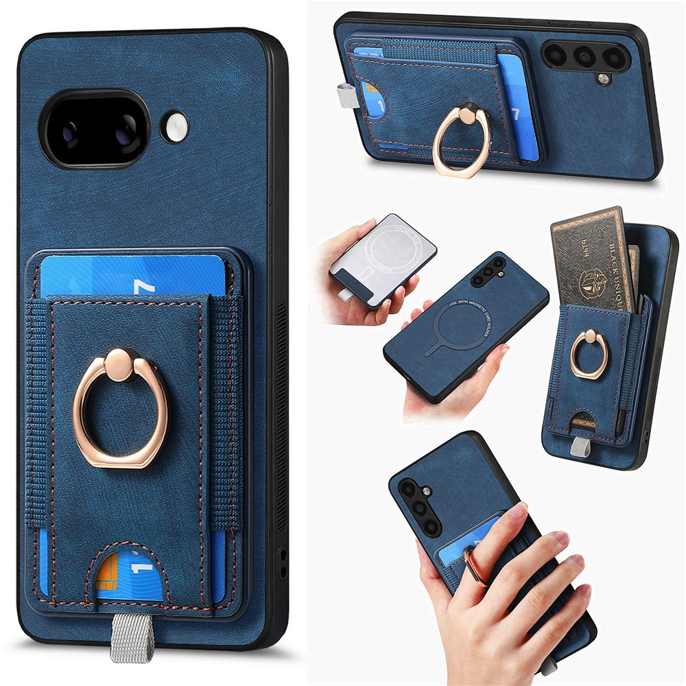 For Google Pixel 9a Magnetic Case PU Leather Back Cover with Detachable Card Holder - Blue