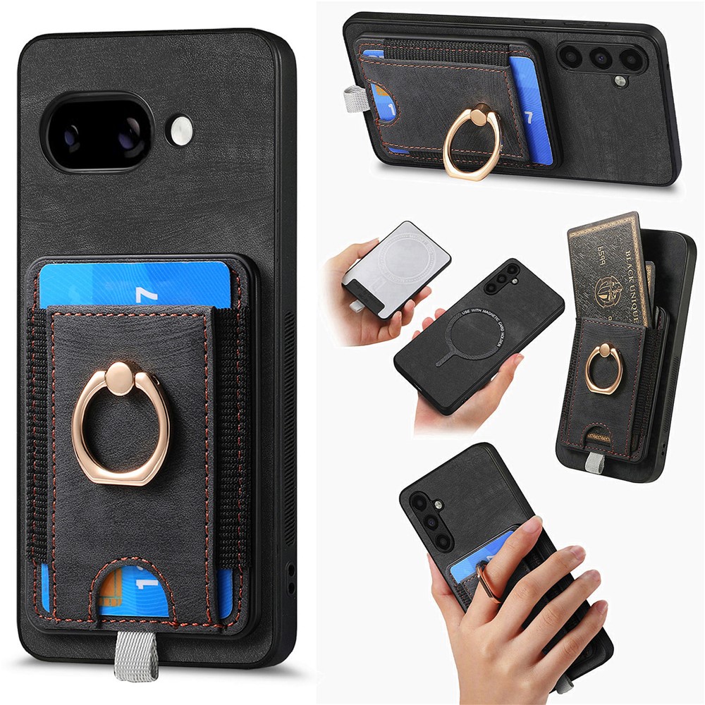 For Google Pixel 9a Magnetic Case PU Leather Back Cover with Detachable Card Holder - Black