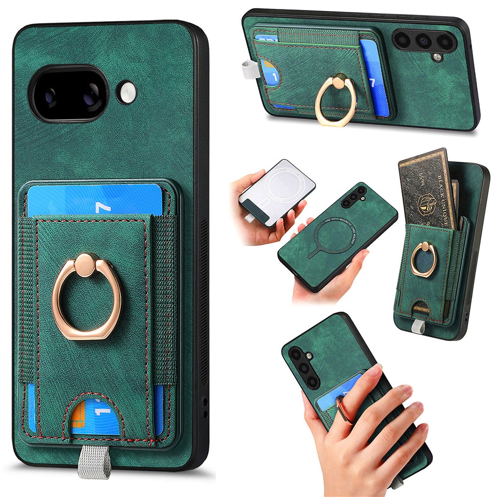 For Google Pixel 9a Magnetic Case PU Leather Back Cover with Detachable Card Holder - Green