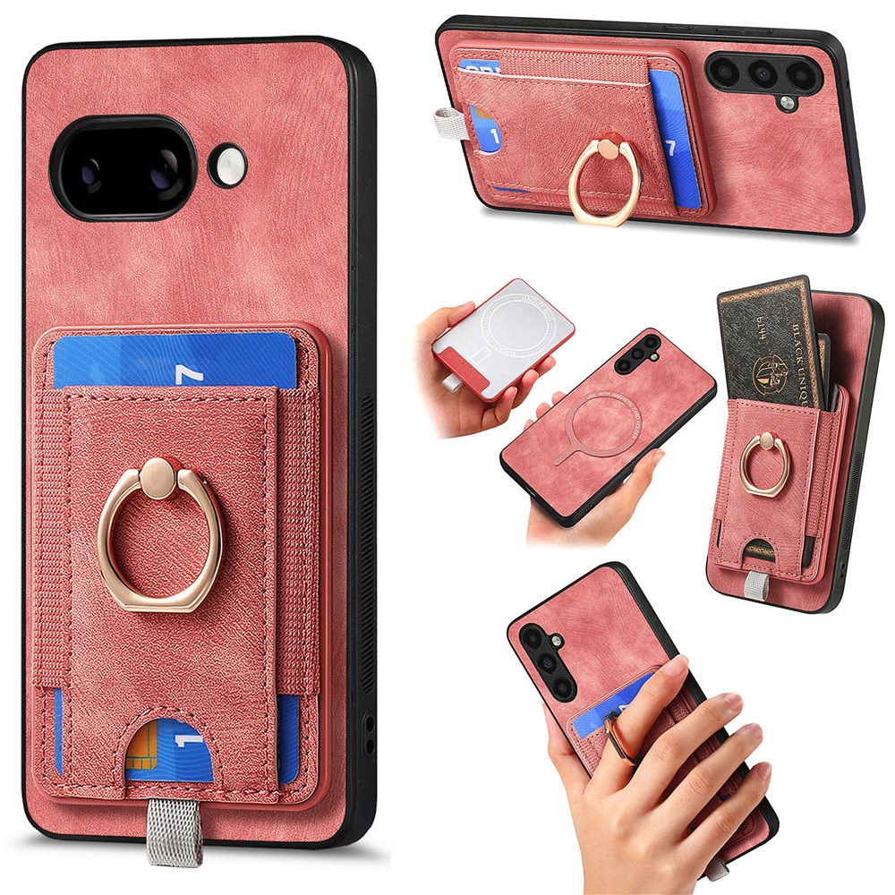 For Google Pixel 9a Magnetic Case PU Leather Back Cover with Detachable Card Holder - Pink