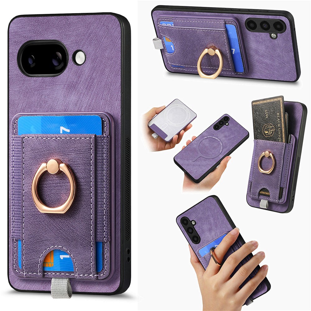 For Google Pixel 9a Magnetic Case PU Leather Back Cover with Detachable Card Holder - Purple