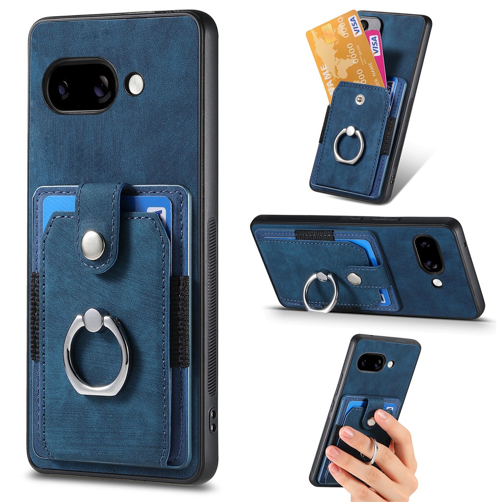 For Google Pixel 9a Phone Case Leather Back Cover with Card Slots Kickstand - Blue