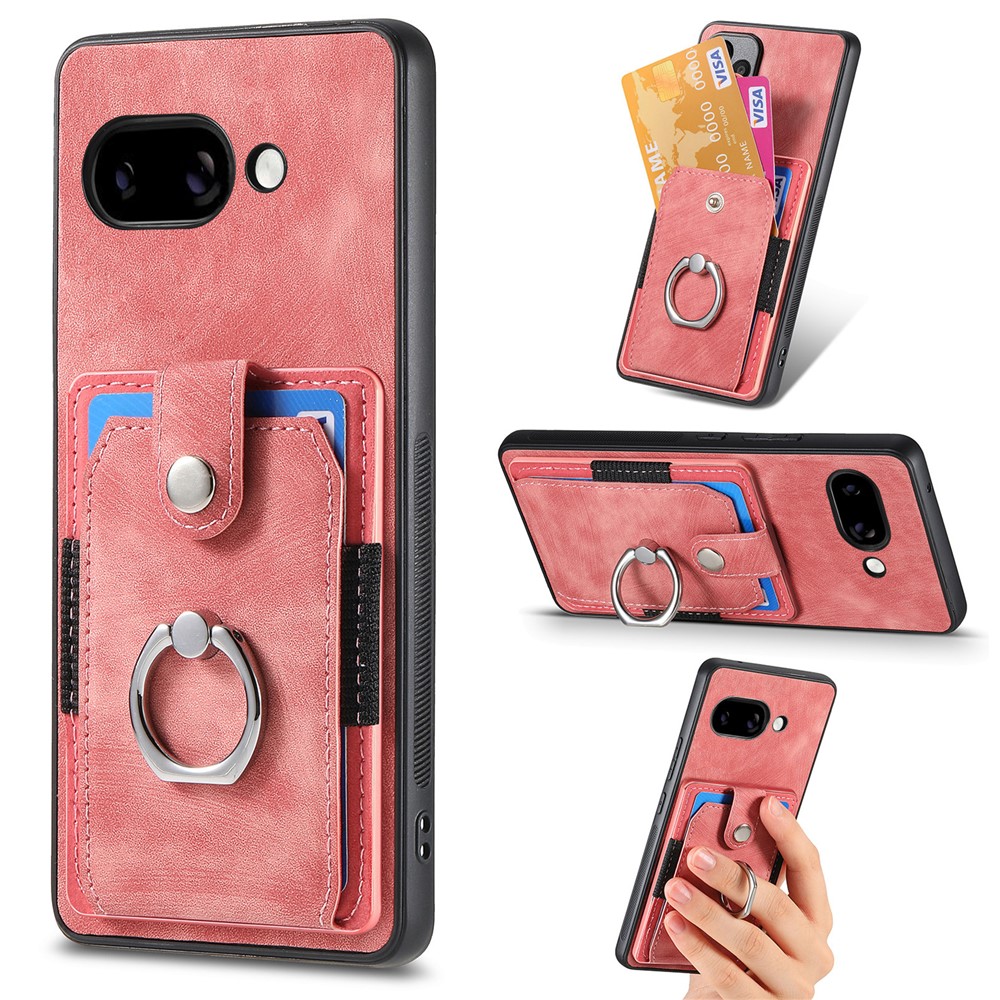 For Google Pixel 9a Phone Case Leather Back Cover with Card Slots Kickstand - Pink