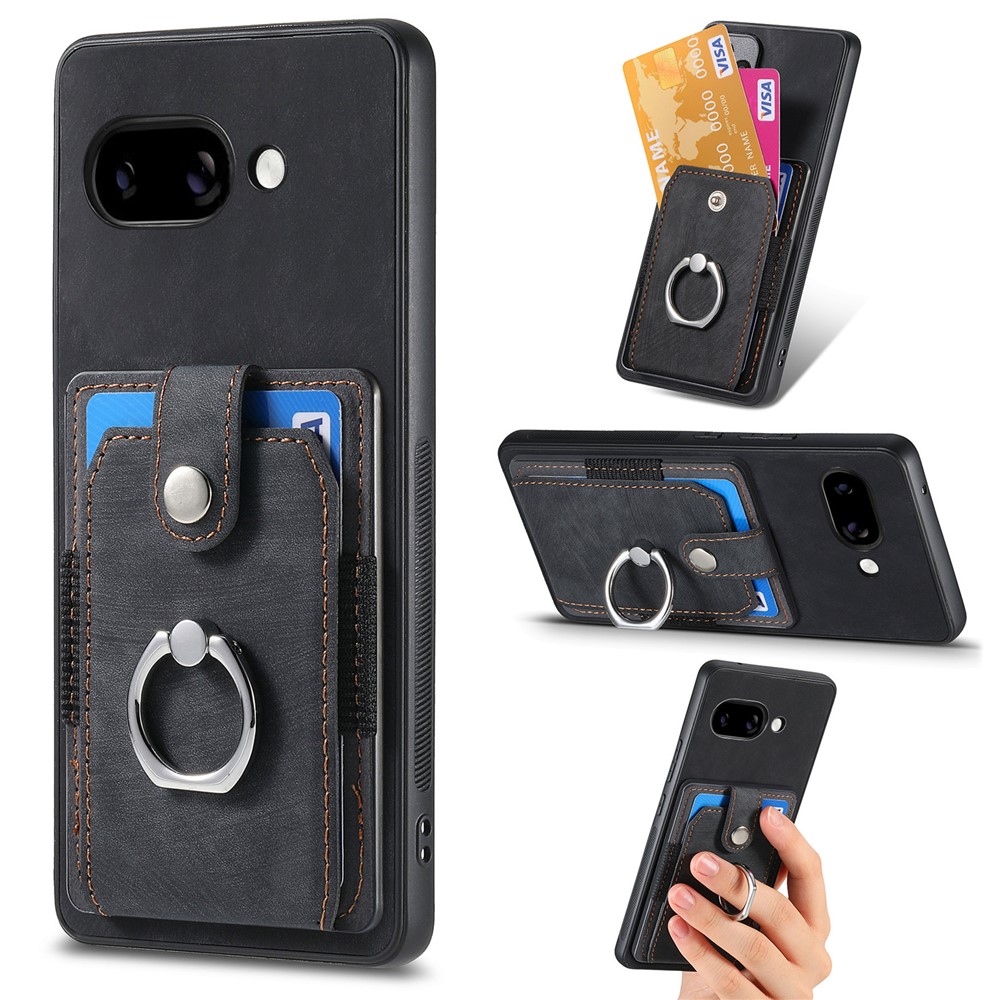 For Google Pixel 9a Phone Case Leather Back Cover with Card Slots Kickstand - Black