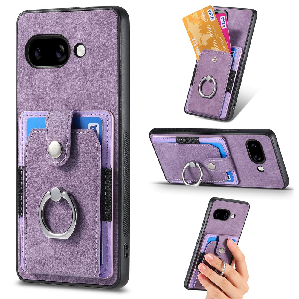 For Google Pixel 9a Phone Case Leather Back Cover with Card Slots Kickstand - Purple