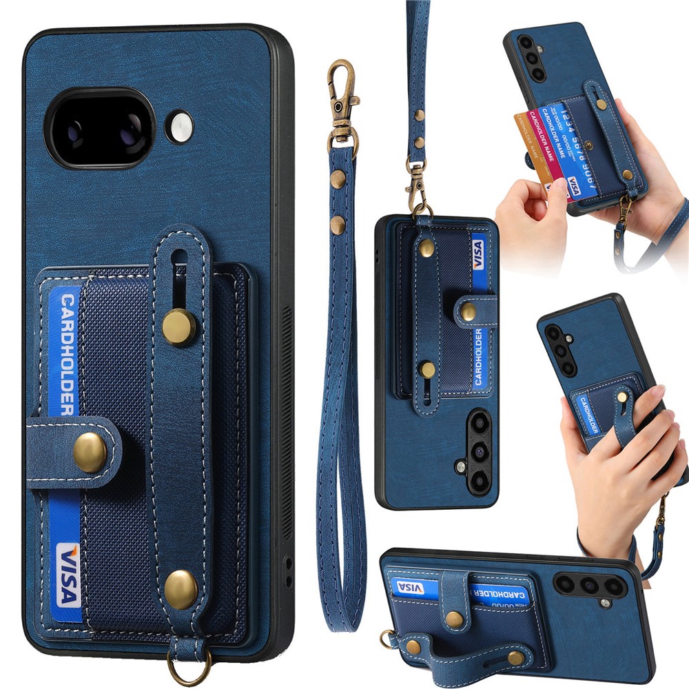 For Google Pixel 9a Retro PU Leather Back Cover with Card Holder and Wristband Kickstand - Blue