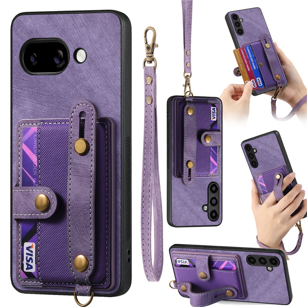 For Google Pixel 9a Retro PU Leather Back Cover with Card Holder and Wristband Kickstand - Purple