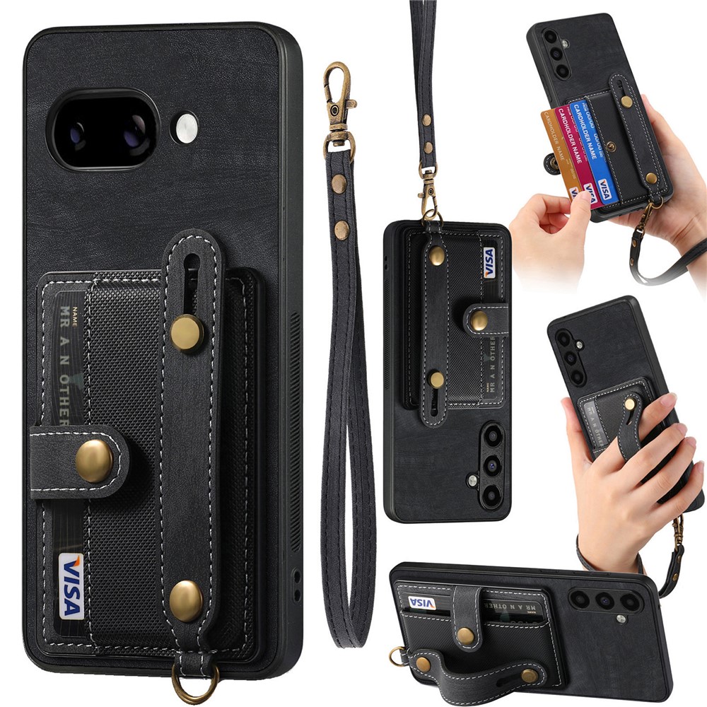 For Google Pixel 9a Retro PU Leather Back Cover with Card Holder and Wristband Kickstand - Black
