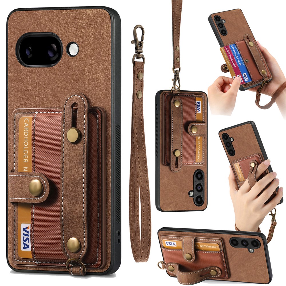 For Google Pixel 9a Retro PU Leather Back Cover with Card Holder and Wristband Kickstand - Brown