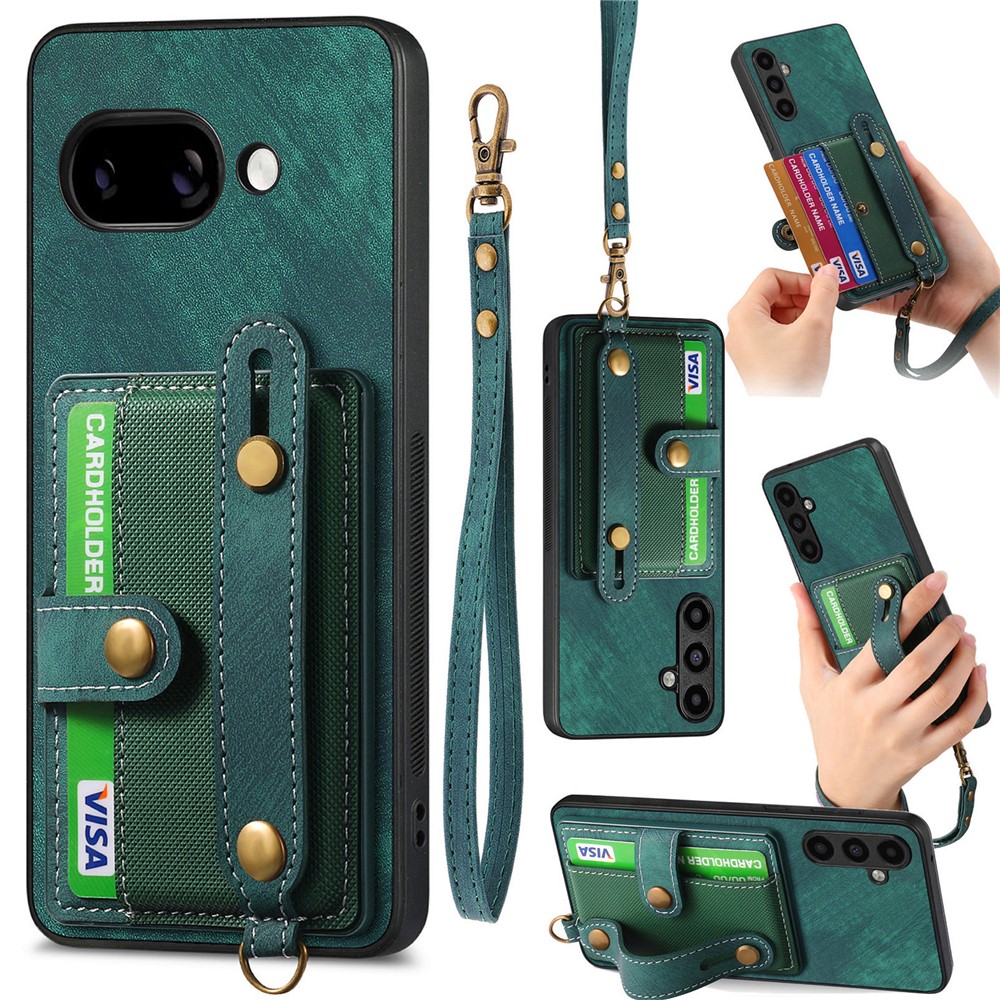 For Google Pixel 9a Retro PU Leather Back Cover with Card Holder and Wristband Kickstand - Green