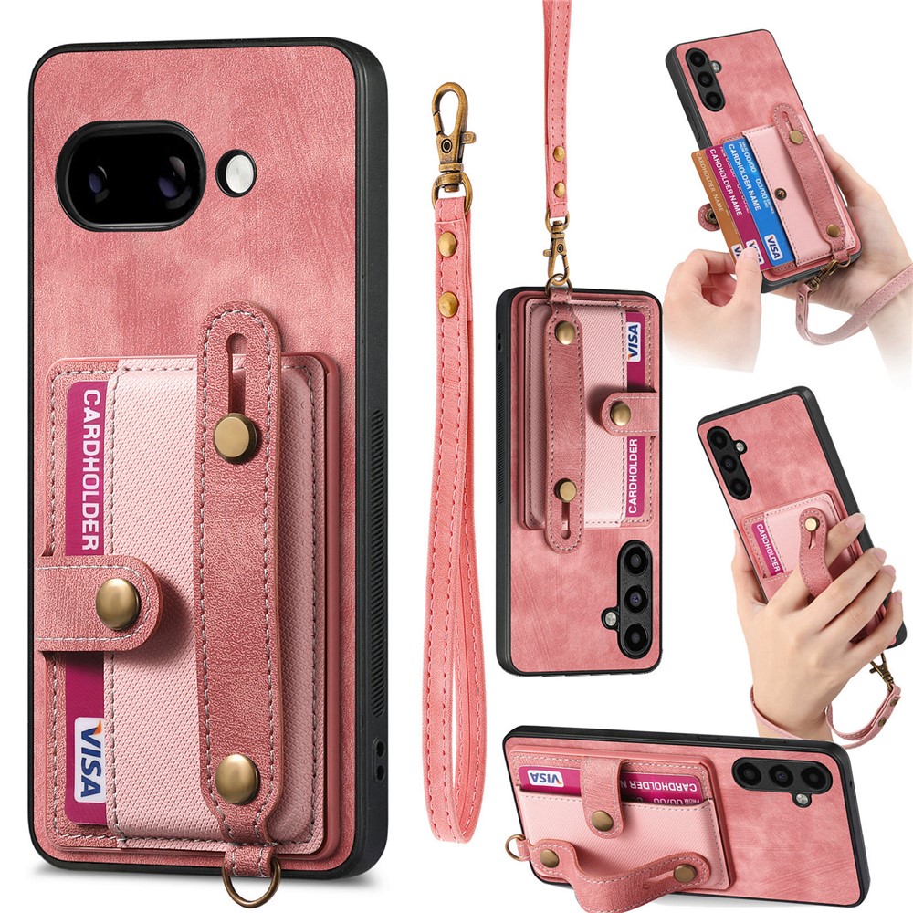 For Google Pixel 9a Retro PU Leather Back Cover with Card Holder and Wristband Kickstand - Pink
