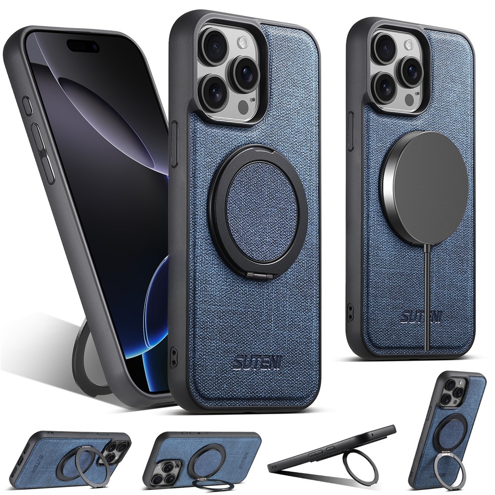 SUTENI G3 For iPhone 14 Pro Magnetic Case Rotating Ring Kickstand Jeans Texture PU TPU Phone Back Cover - Blue
