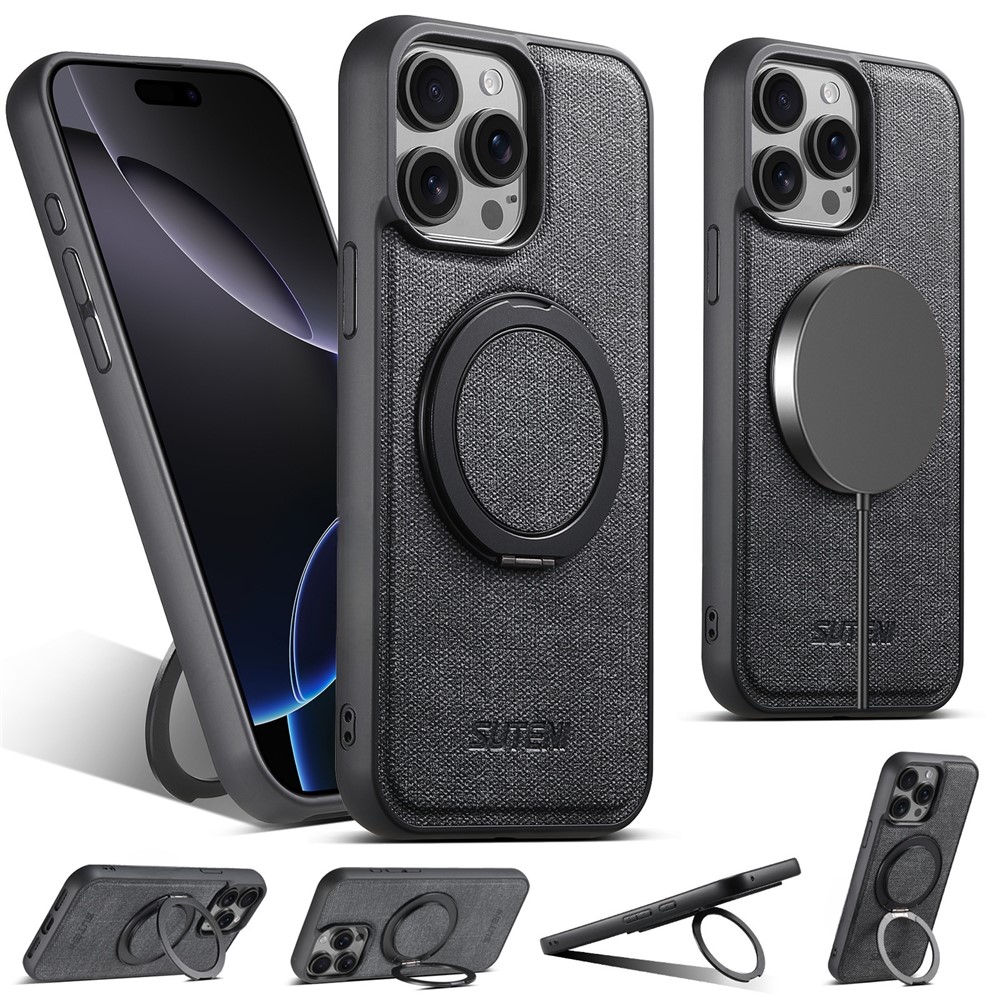 SUTENI G3 For iPhone 15 Pro Magnetic Case Rotating Ring Kickstand Jeans Texture PU TPU Phone Back Cover - Black